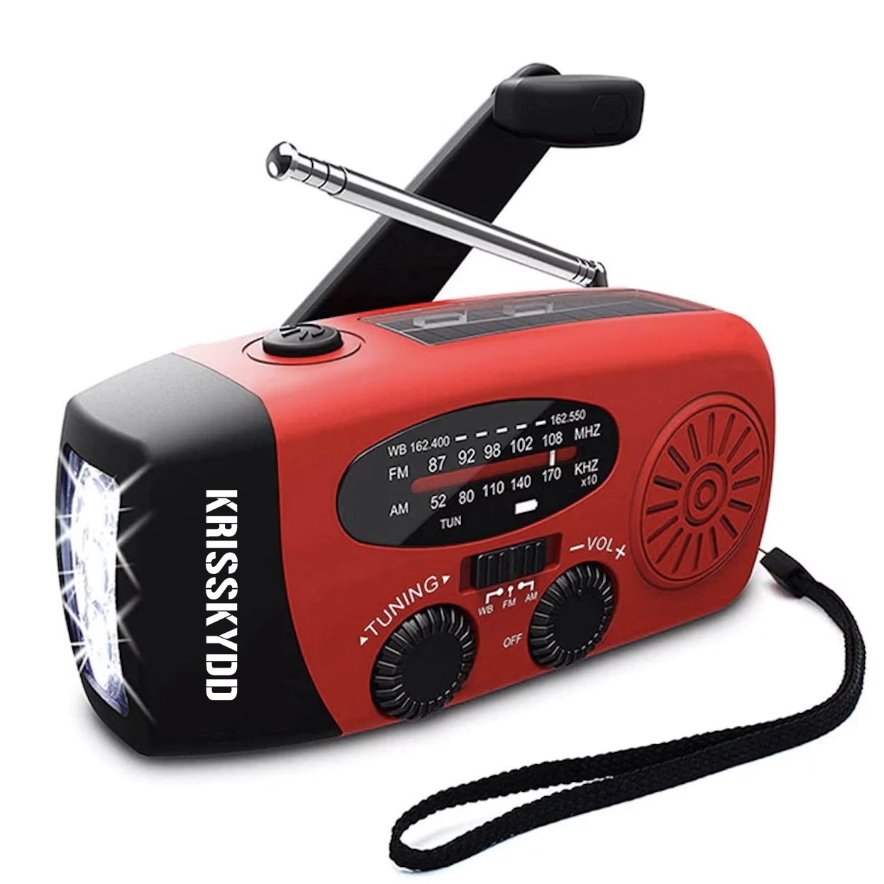 Rotes Notfallradio mit Kurbel, Solarzelle und LED-Taschenlampe
